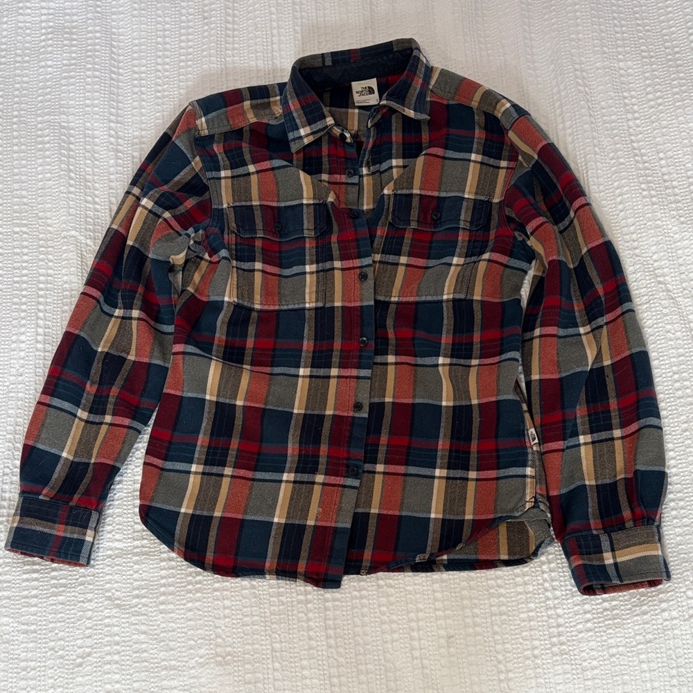 The North Face Red, Navy & Tan Plaid Flannel Button-Up